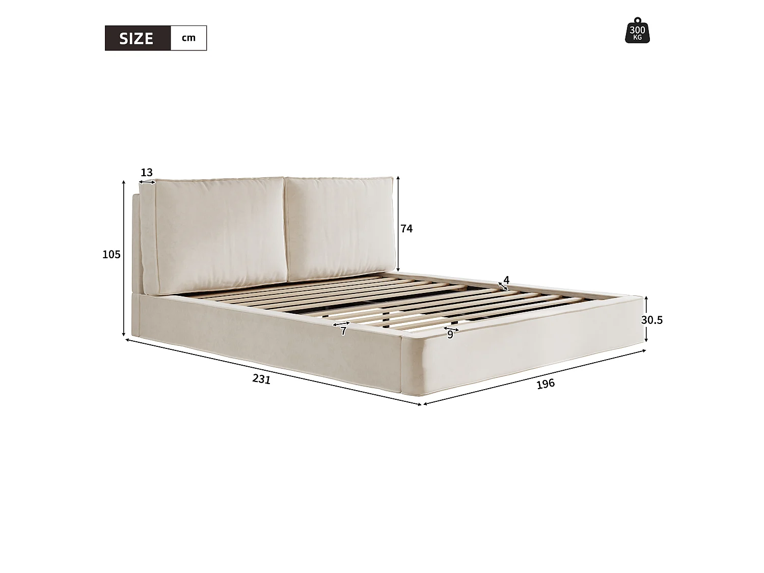 Lit double 180x200 cm avec sommier à lattes et tête de lit rembourrée, tissu chenille, beige