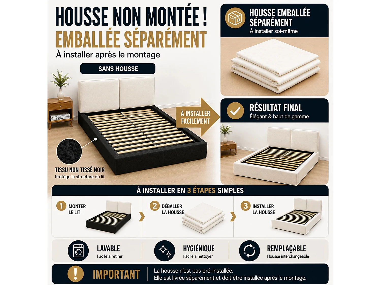 Lit double 180x200 cm avec sommier à lattes et tête de lit rembourrée, tissu chenille, beige