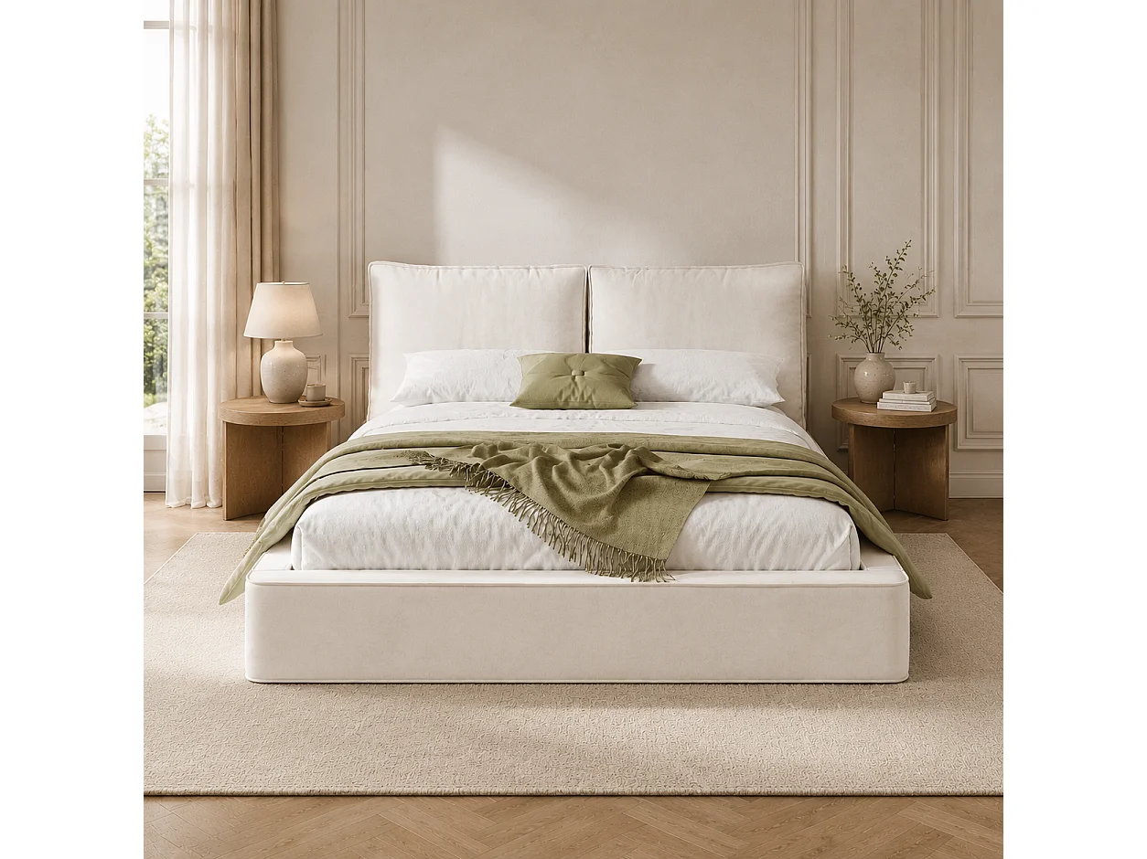 Lit double 180x200 cm avec sommier à lattes et tête de lit rembourrée, tissu chenille, beige