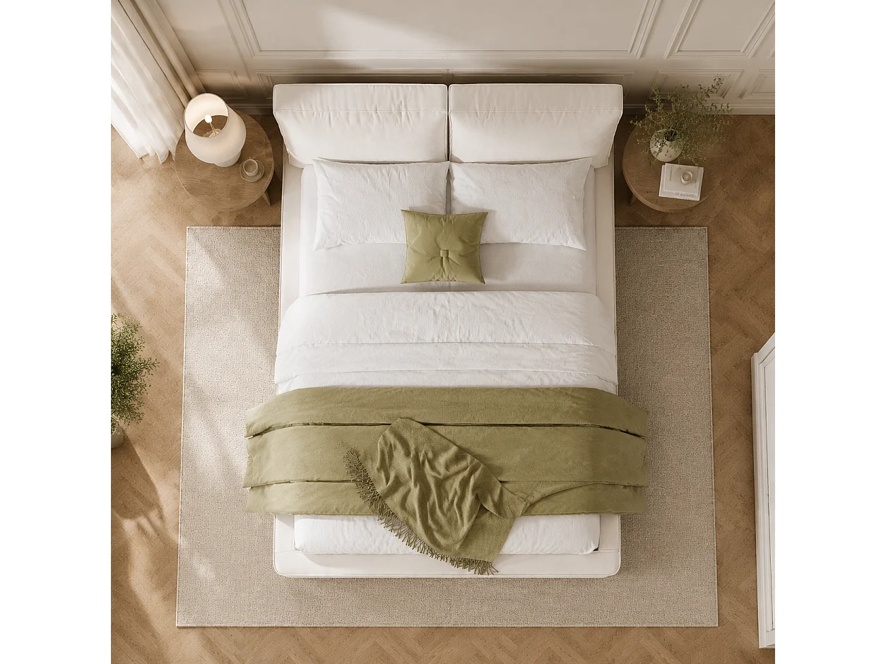 Lit double 180x200 cm avec sommier à lattes et tête de lit rembourrée, tissu chenille, beige
