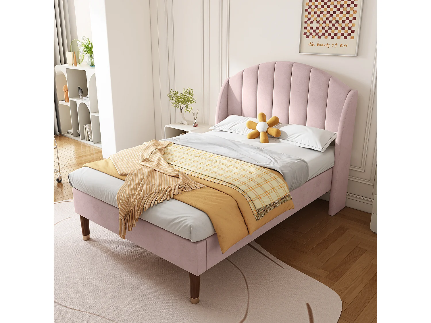 Lit simple enfant 90x200 cm avec tête de lit rembourrée, sommier à lattes, montage facile,velours, rose