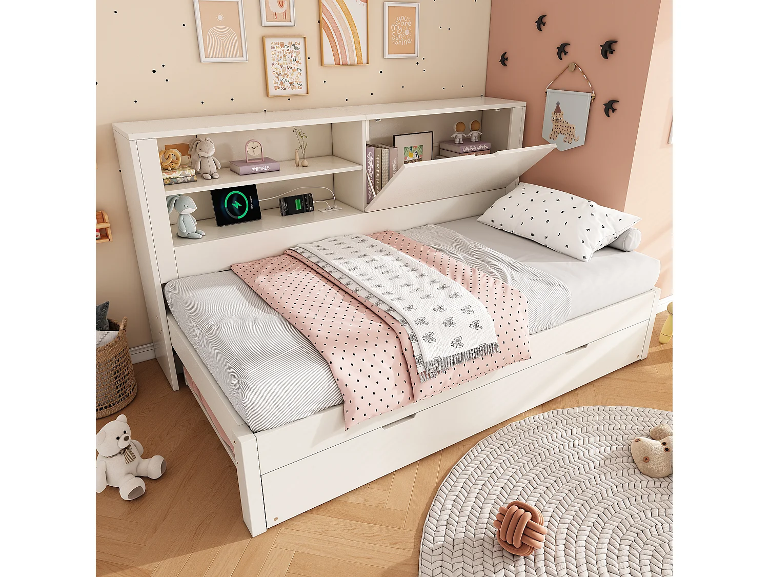 Lit banquette 90x200 cm avec lit gigogne 90x190 cm rangements intégrés USB USB-C sommiers à lattes MDF Blanc
