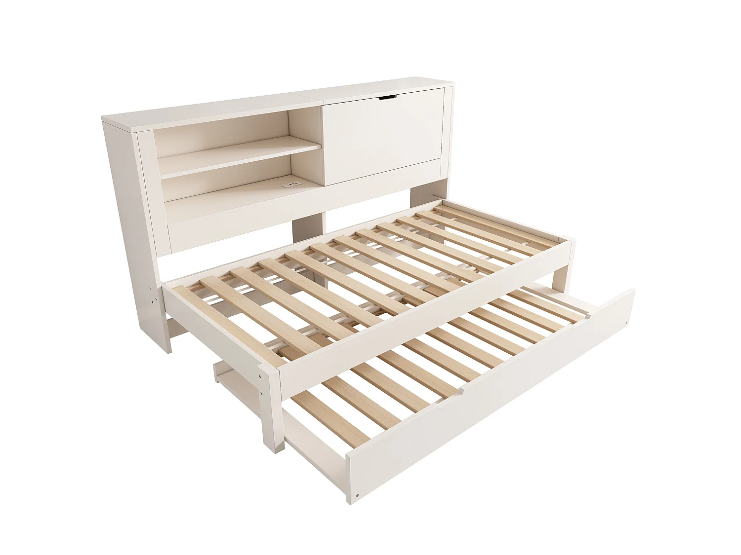 Lit banquette 90x200 cm avec lit gigogne 90x190 cm rangements intégrés USB USB-C sommiers à lattes MDF Blanc