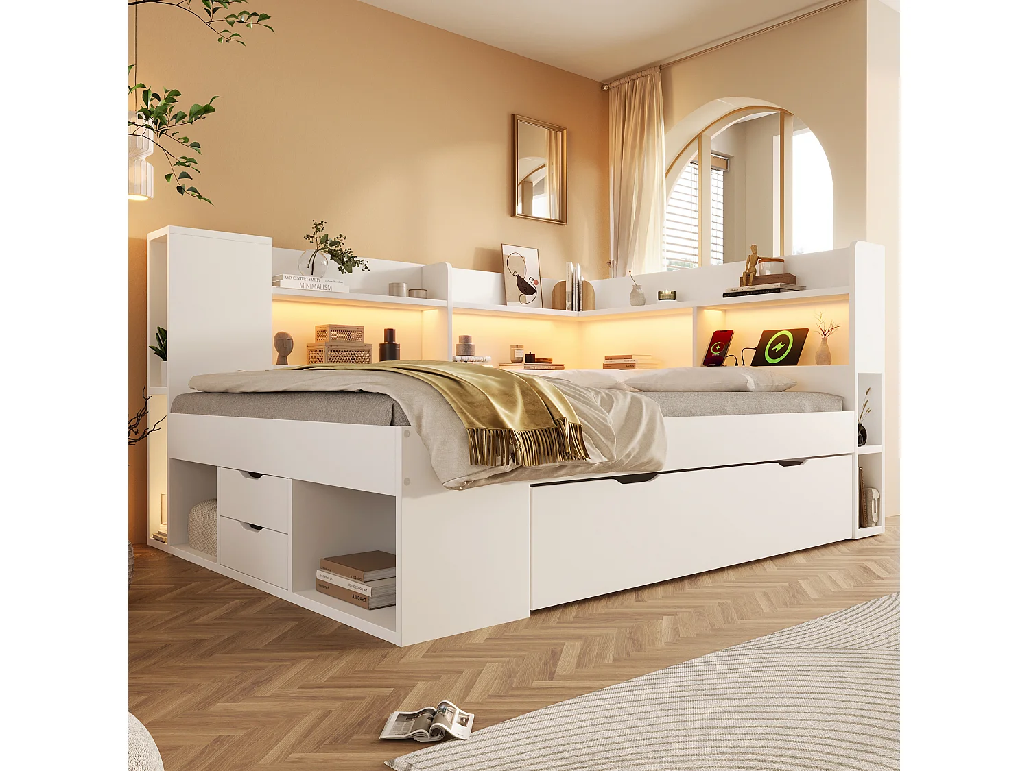 Lit banquette 140x200 cm avec rangements étagères tiroirs LED USB USB-C sommier à lattes MDF Blanc