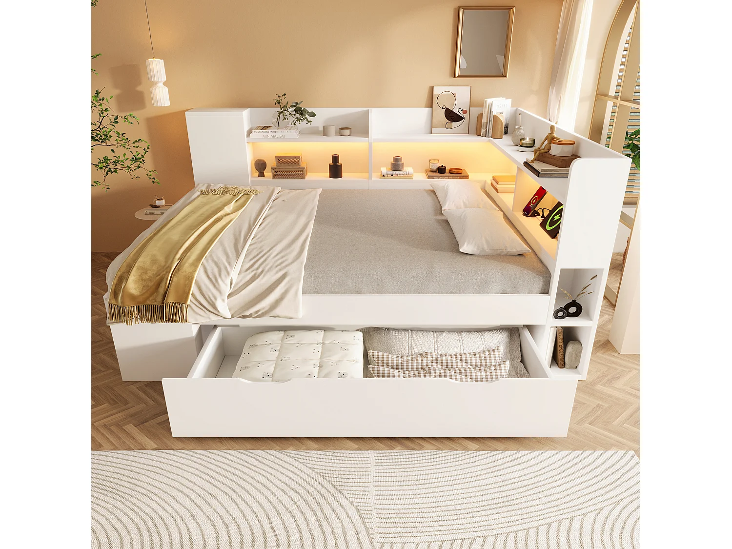 Lit banquette 140x200 cm avec rangements étagères tiroirs LED USB USB-C sommier à lattes MDF Blanc