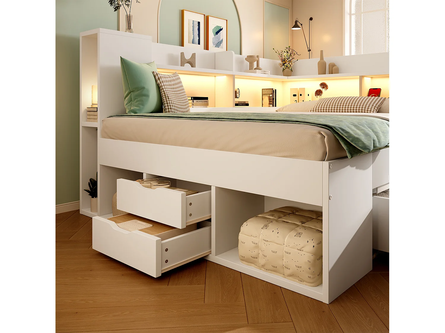 Lit banquette 140x200 cm avec rangements étagères tiroirs LED USB USB-C sommier à lattes MDF Blanc