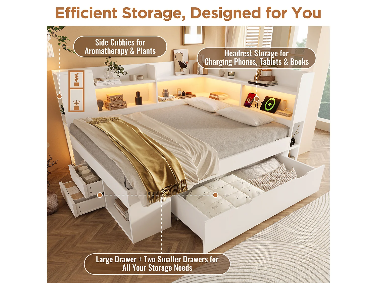 Lit banquette 140x200 cm avec rangements étagères tiroirs LED USB USB-C sommier à lattes MDF Blanc