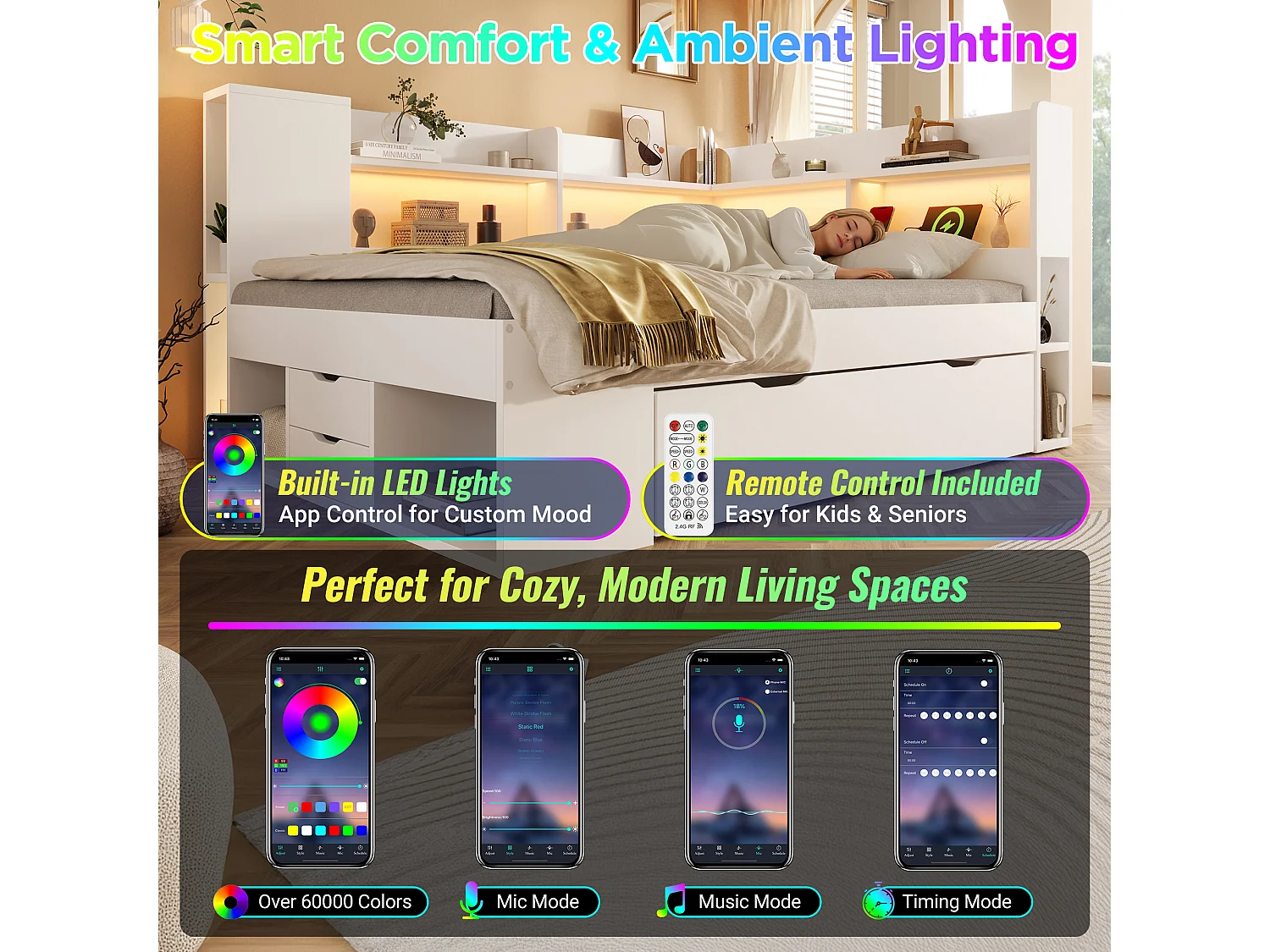 Lit banquette 140x200 cm avec rangements étagères tiroirs LED USB USB-C sommier à lattes MDF Blanc