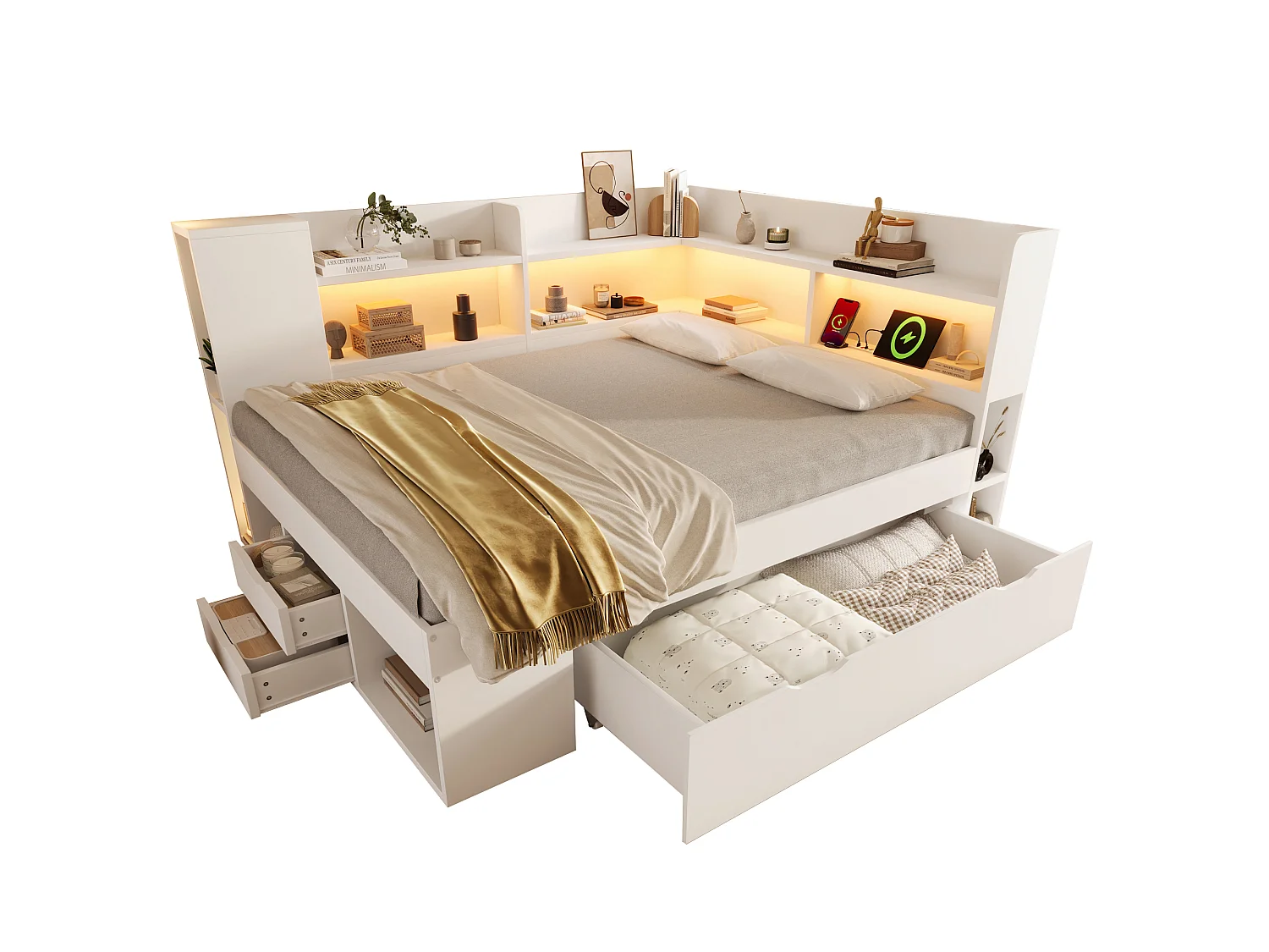 Lit banquette 140x200 cm avec rangements étagères tiroirs LED USB USB-C sommier à lattes MDF Blanc