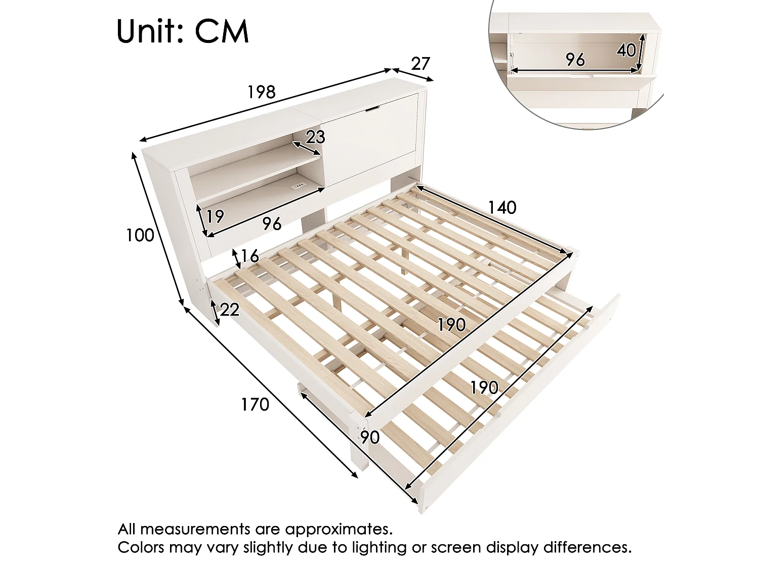 Lit banquette 140x190 cm avec lit gigogne 90x190 cm rangements intégrés USB USB-C sommiers à lattes MDF Blanc