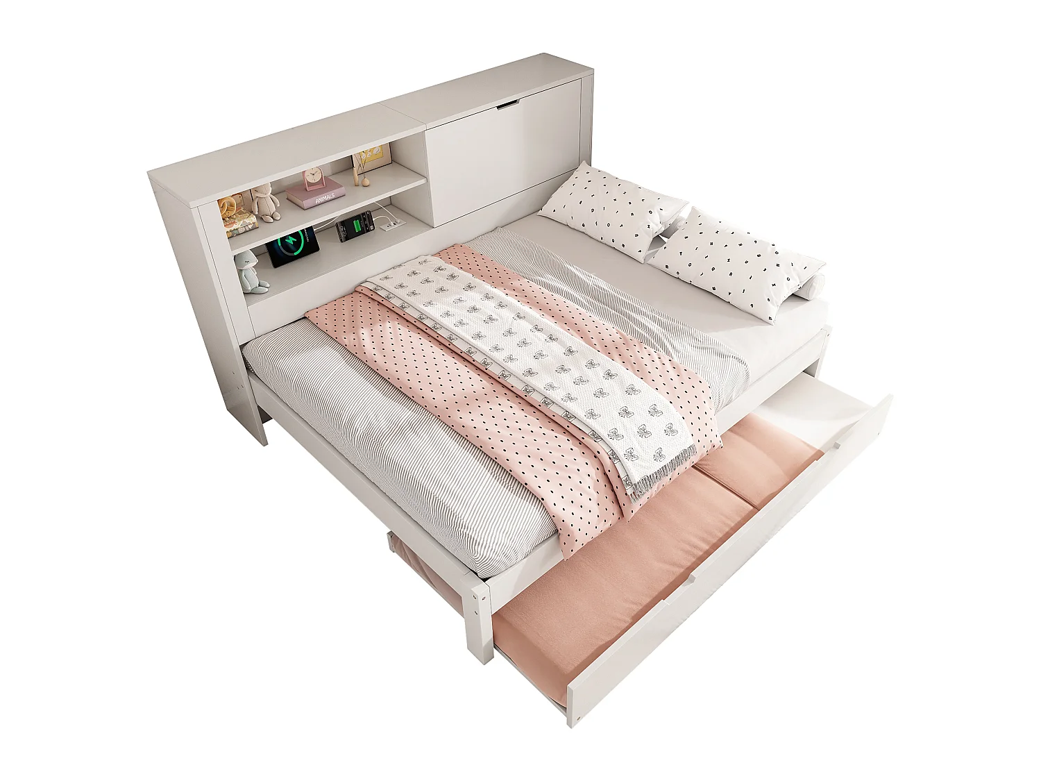 Lit banquette 140x190 cm avec lit gigogne 90x190 cm rangements intégrés USB USB-C sommiers à lattes MDF Blanc