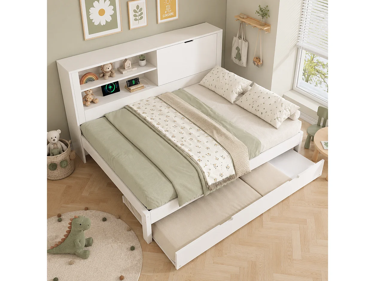 Lit banquette 140x190 cm avec lit gigogne 90x190 cm rangements intégrés USB USB-C sommiers à lattes MDF Blanc
