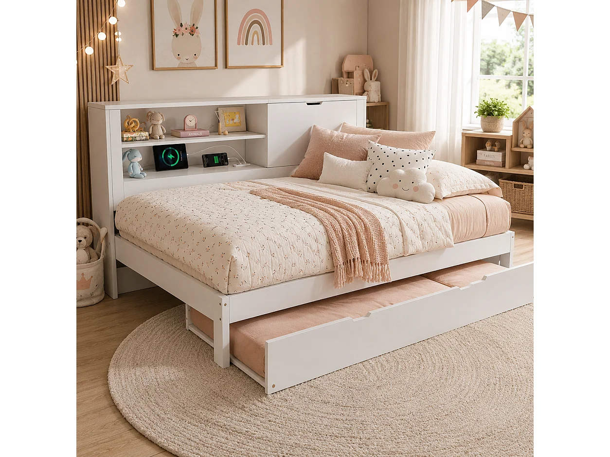 Lit banquette 140x190 cm avec lit gigogne 90x190 cm rangements intégrés USB USB-C sommiers à lattes MDF Blanc