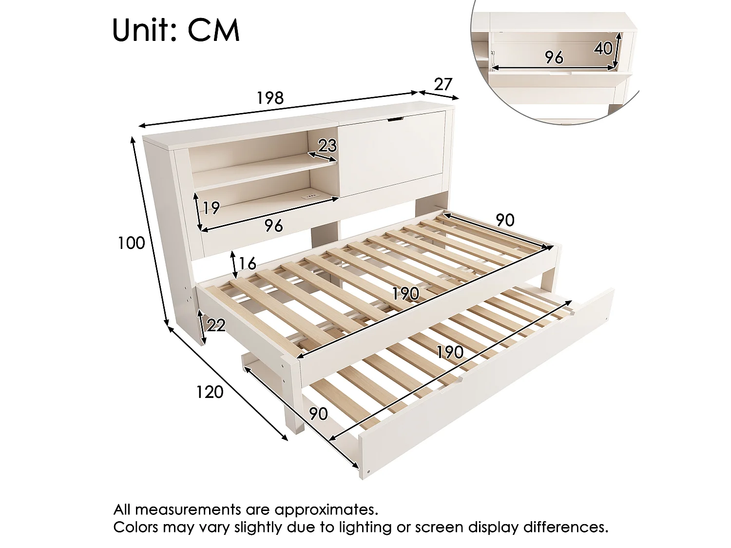 Lit banquette 90x190 cm avec lit gigogne 90x190 cm rangements intégrés USB USB-C sommiers à lattes MDF Blanc