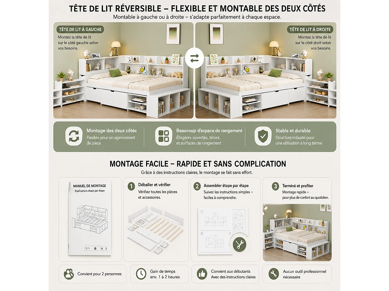 Lit simple enfant 140x200 cm avec grand rangement, 2 tiroirs et bibliothèque intégrée, blanc