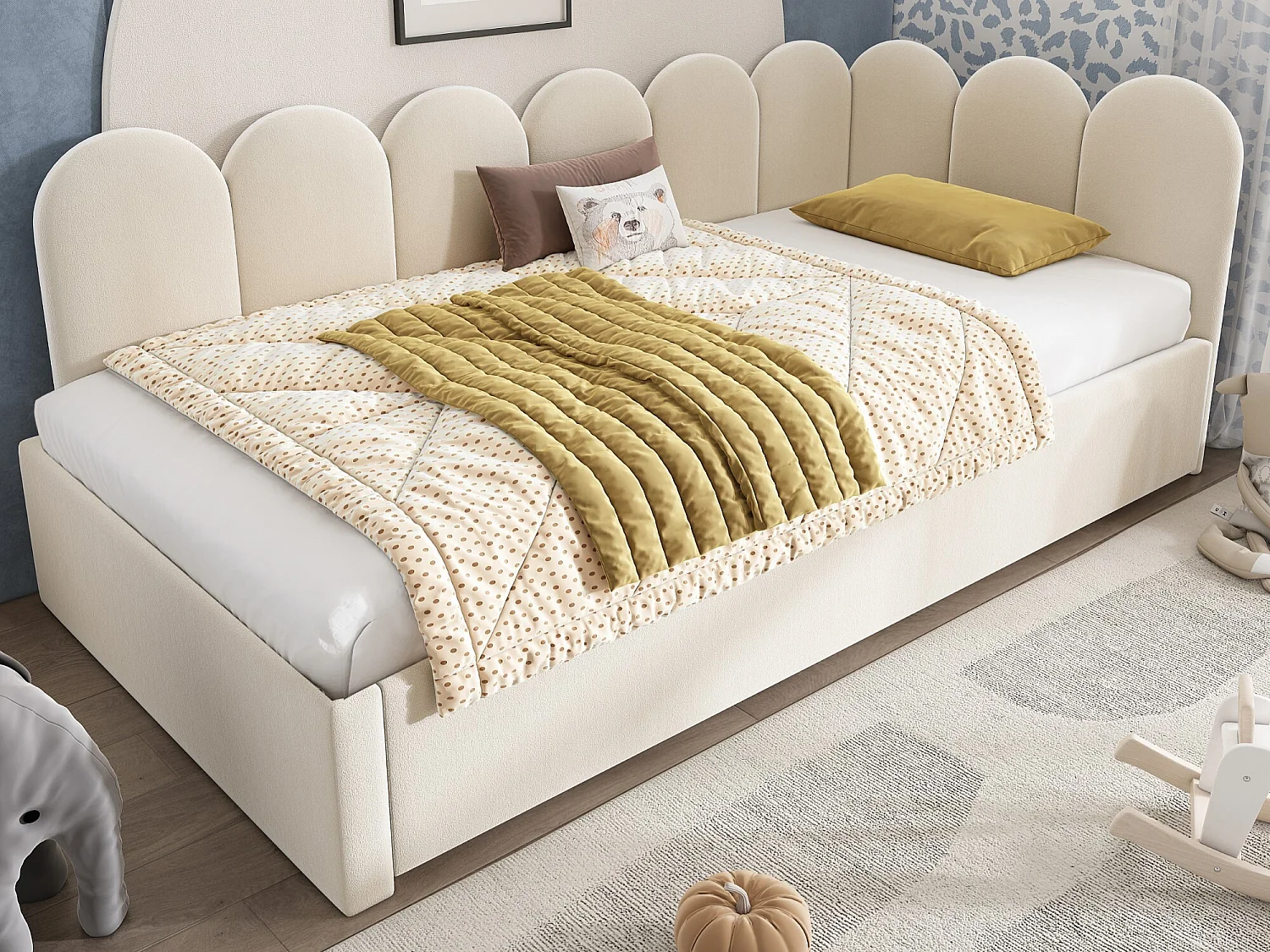 Lit banquette rembourré 90x200 cm, lit gigogne 90x190 cm, lit de jour enfant, canapé-lit, sommier à lattes, velours, beige