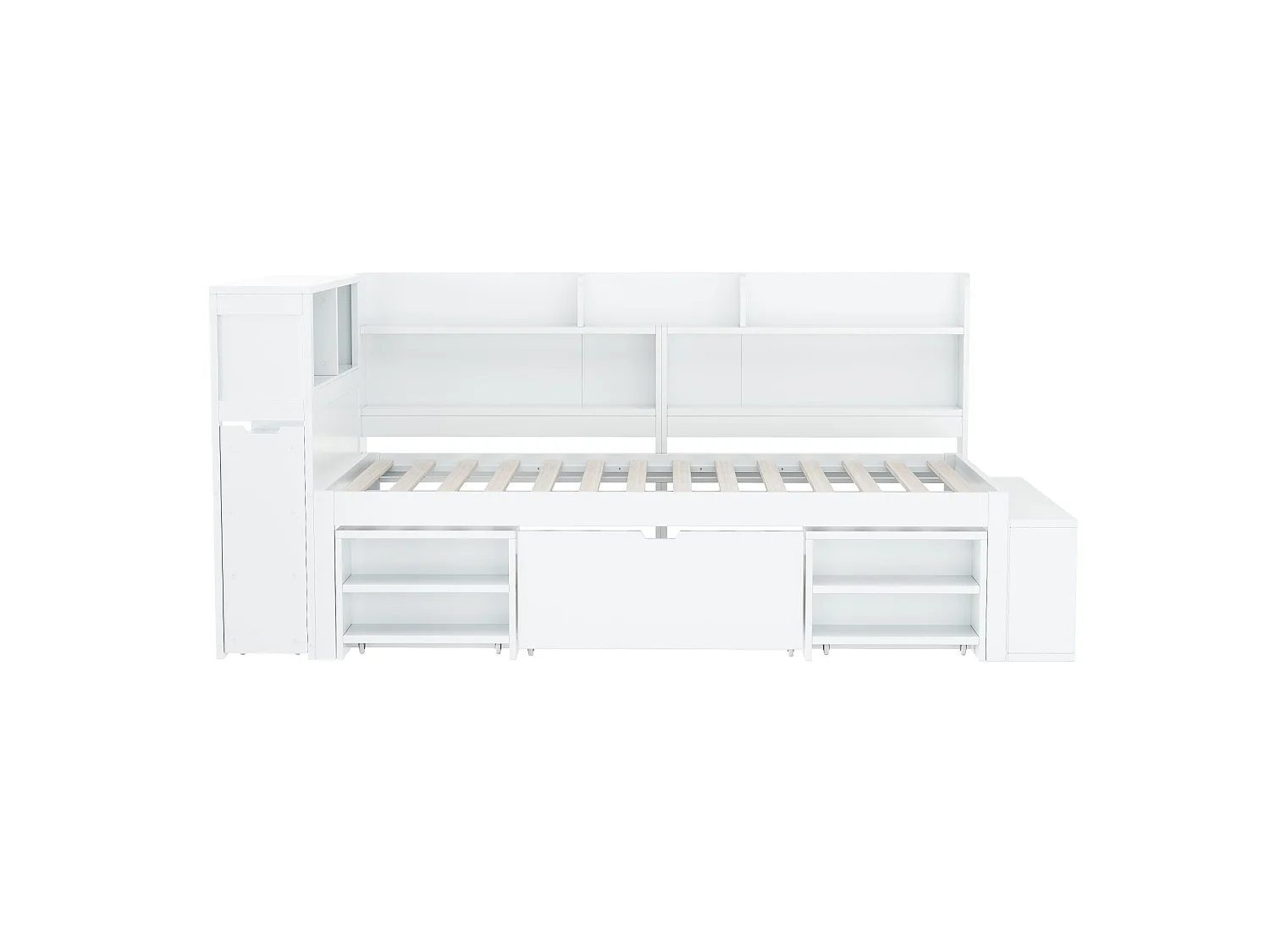 Lit simple enfant 90x200 cm avec grand rangement, 2 tiroirs et bibliothèque intégrée, blanc