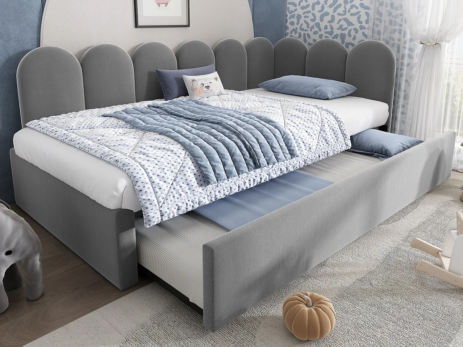 Lit banquette rembourré 90x200 cm, lit gigogne 90x190 cm, lit de jour enfant, canapé-lit, sommier à lattes, velours, gris