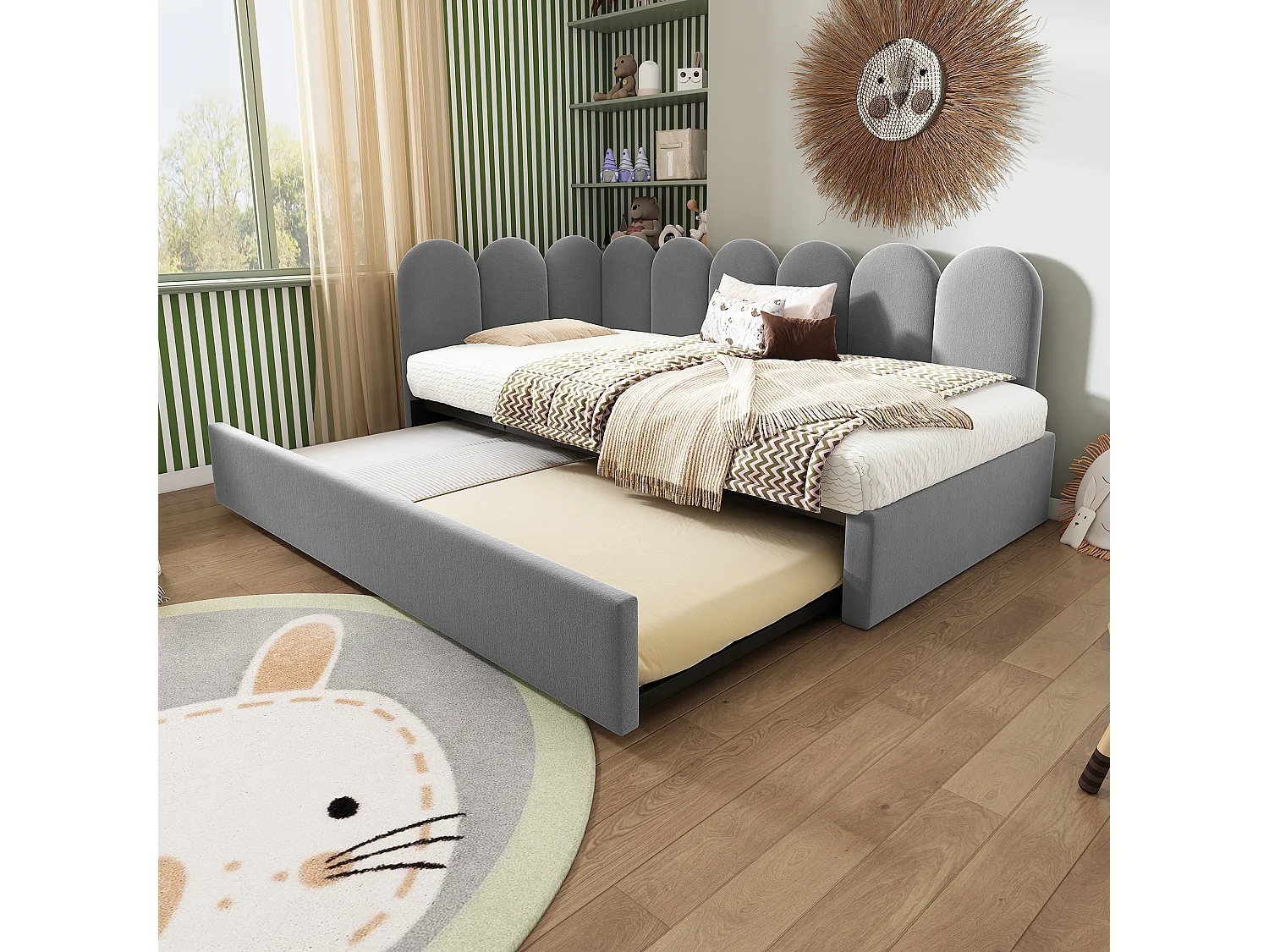 Lit banquette rembourré 90x200 cm, lit gigogne 90x190 cm, lit de jour enfant, canapé-lit, sommier à lattes, velours, gris