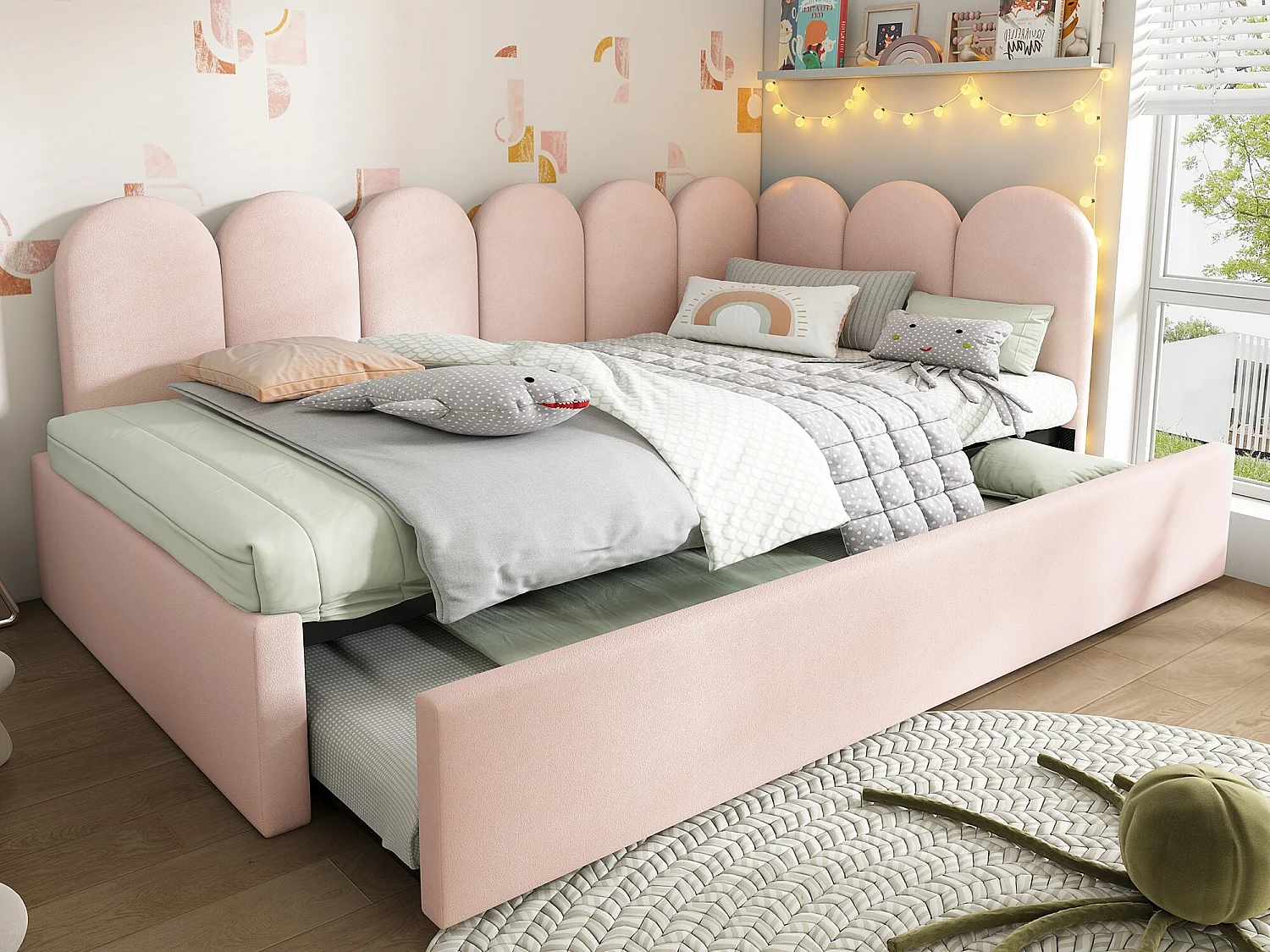 Lit banquette rembourré 90x200 cm, lit gigogne 90x190 cm, lit de jour enfant, canapé-lit, sommier à lattes, velours, rose
