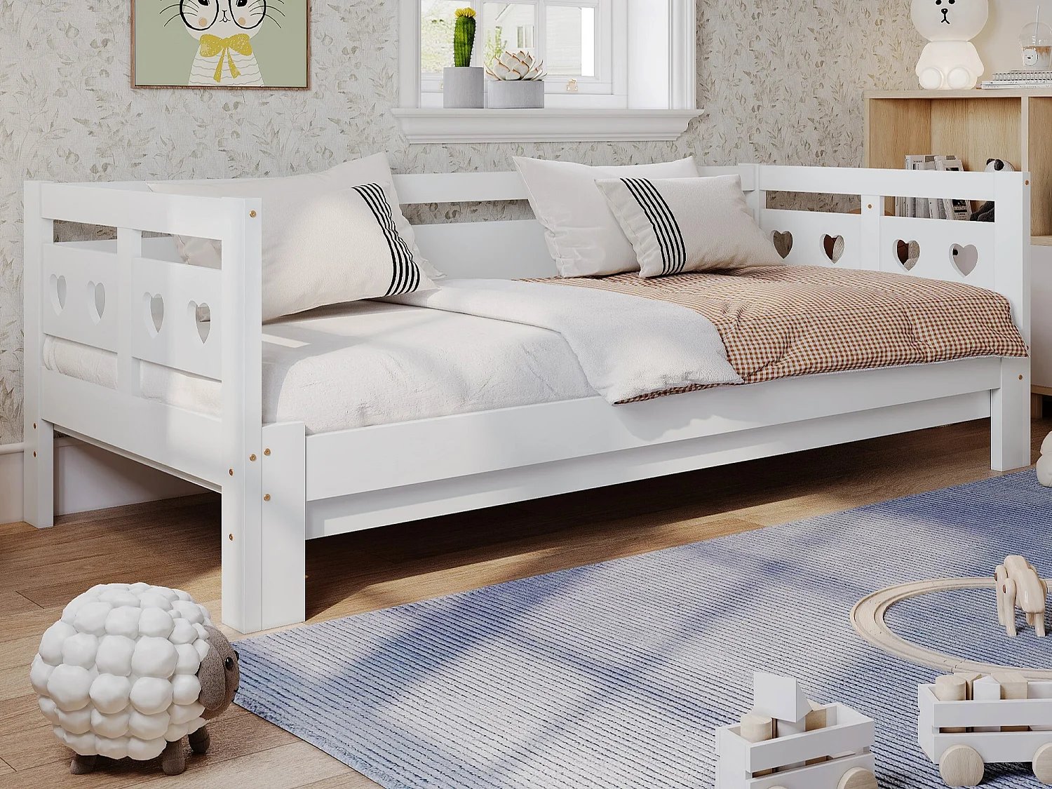 Lit banquette en bois 90x190 cm, lit gigogne extensible avec 2e couchage, lit de jour, sommier à lattes, pin massif, blanc