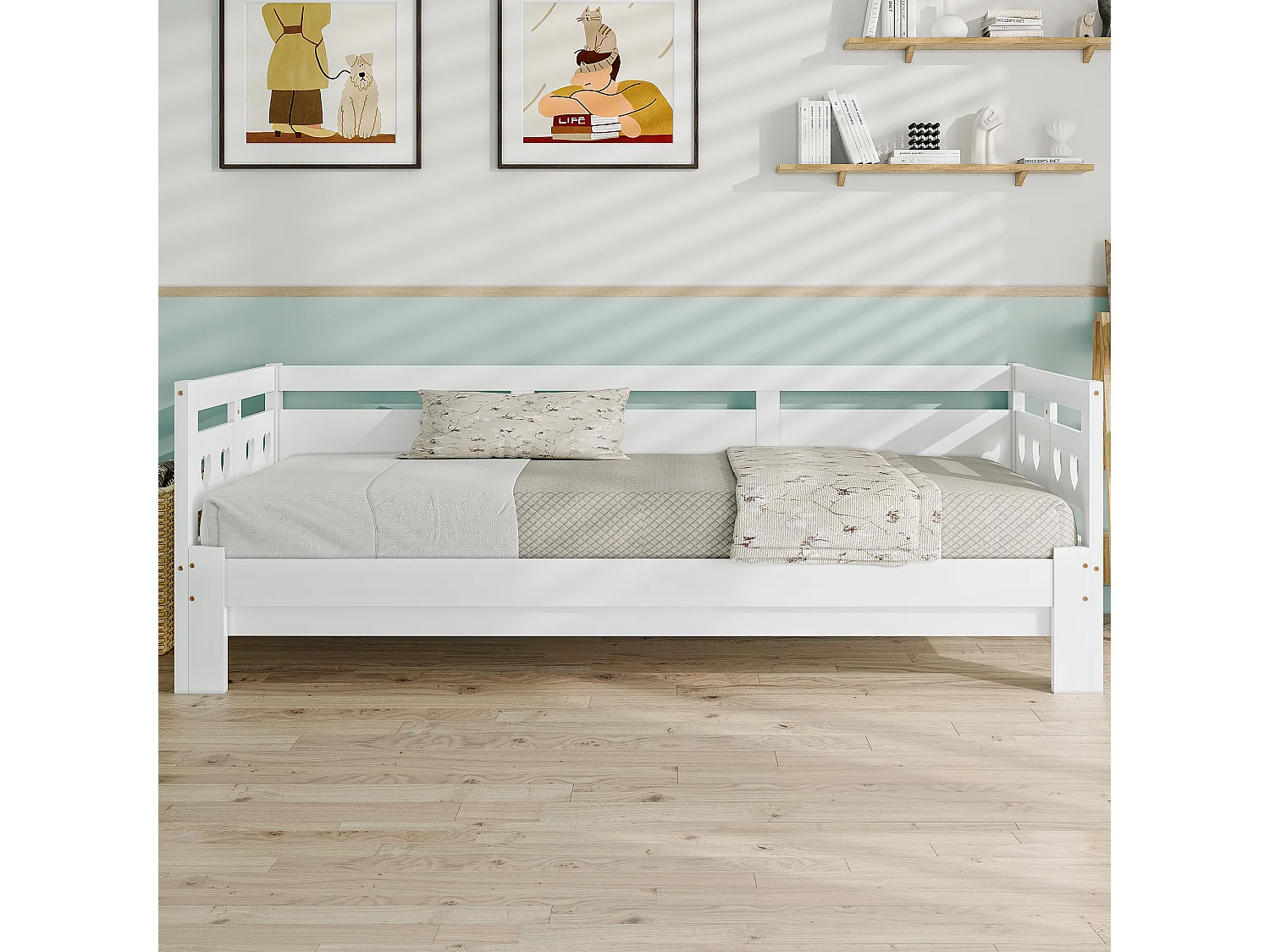 Lit banquette en bois 90x190 cm, lit gigogne extensible avec 2e couchage, lit de jour, sommier à lattes, pin massif, blanc