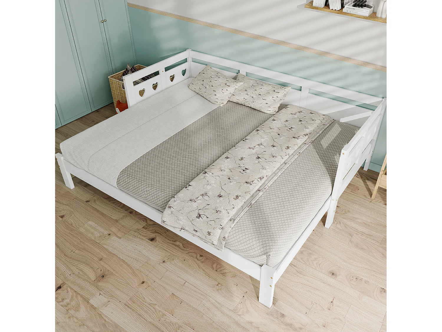 Lit banquette en bois 90x190 cm, lit gigogne extensible avec 2e couchage, lit de jour, sommier à lattes, pin massif, blanc