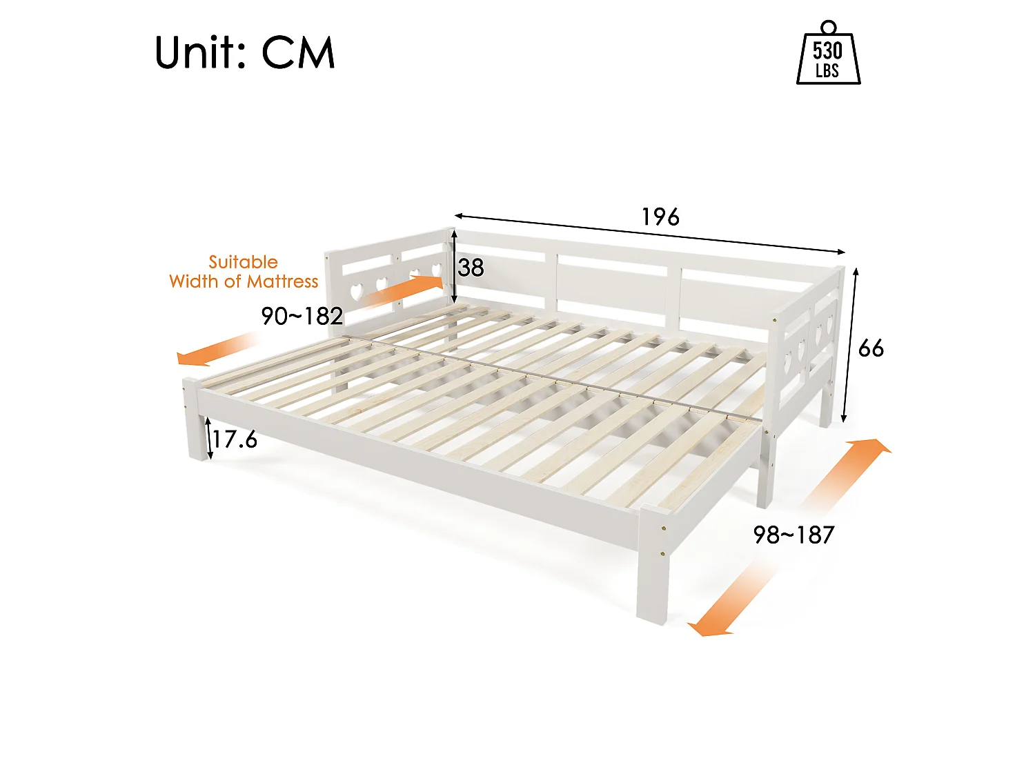 Lit banquette en bois 90x190 cm, lit gigogne extensible avec 2e couchage, lit de jour, sommier à lattes, pin massif, blanc