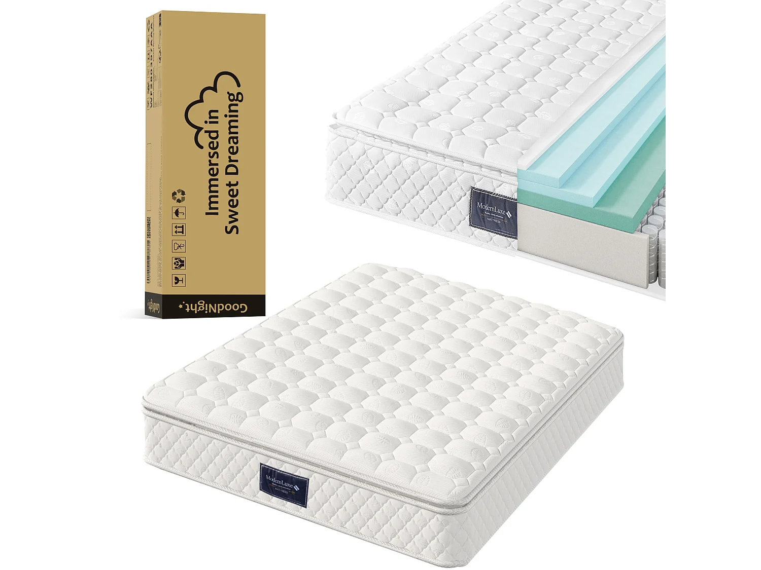 Matelas 140 x 200 cm ressorts ensachés 7 zones mousse froide H3 25 cm certifié Oeko-Tex microfibre blanc