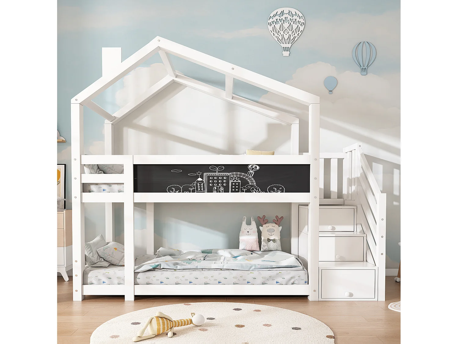 Lit superposé enfant 90x200 cm, lit cabane avec escalier de rangement, tableau craie, barrières, 2 sommiers, pin, blanc