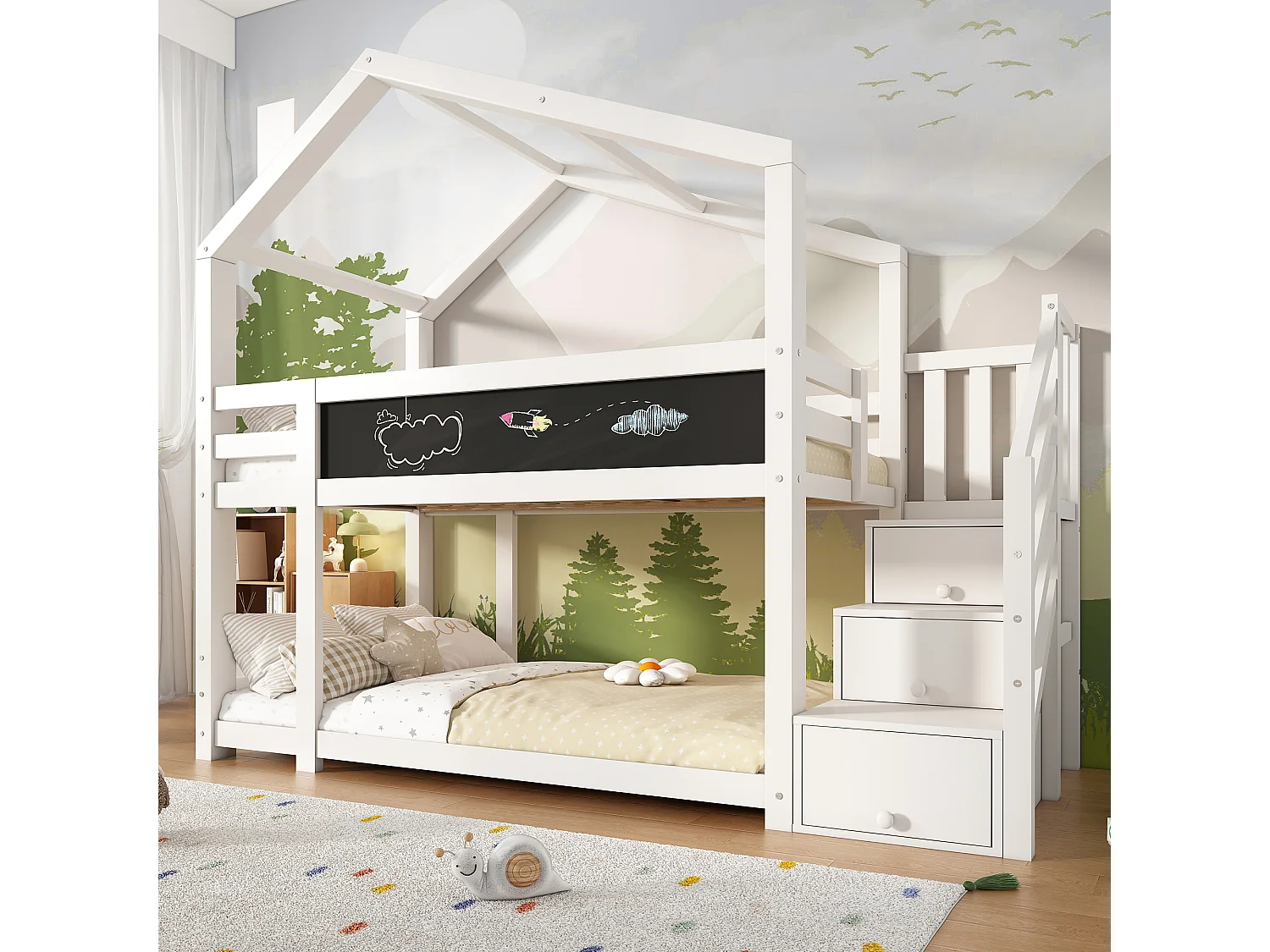 Lit superposé enfant 90x200 cm, lit cabane avec escalier de rangement, tableau craie, barrières, 2 sommiers, pin, blanc
