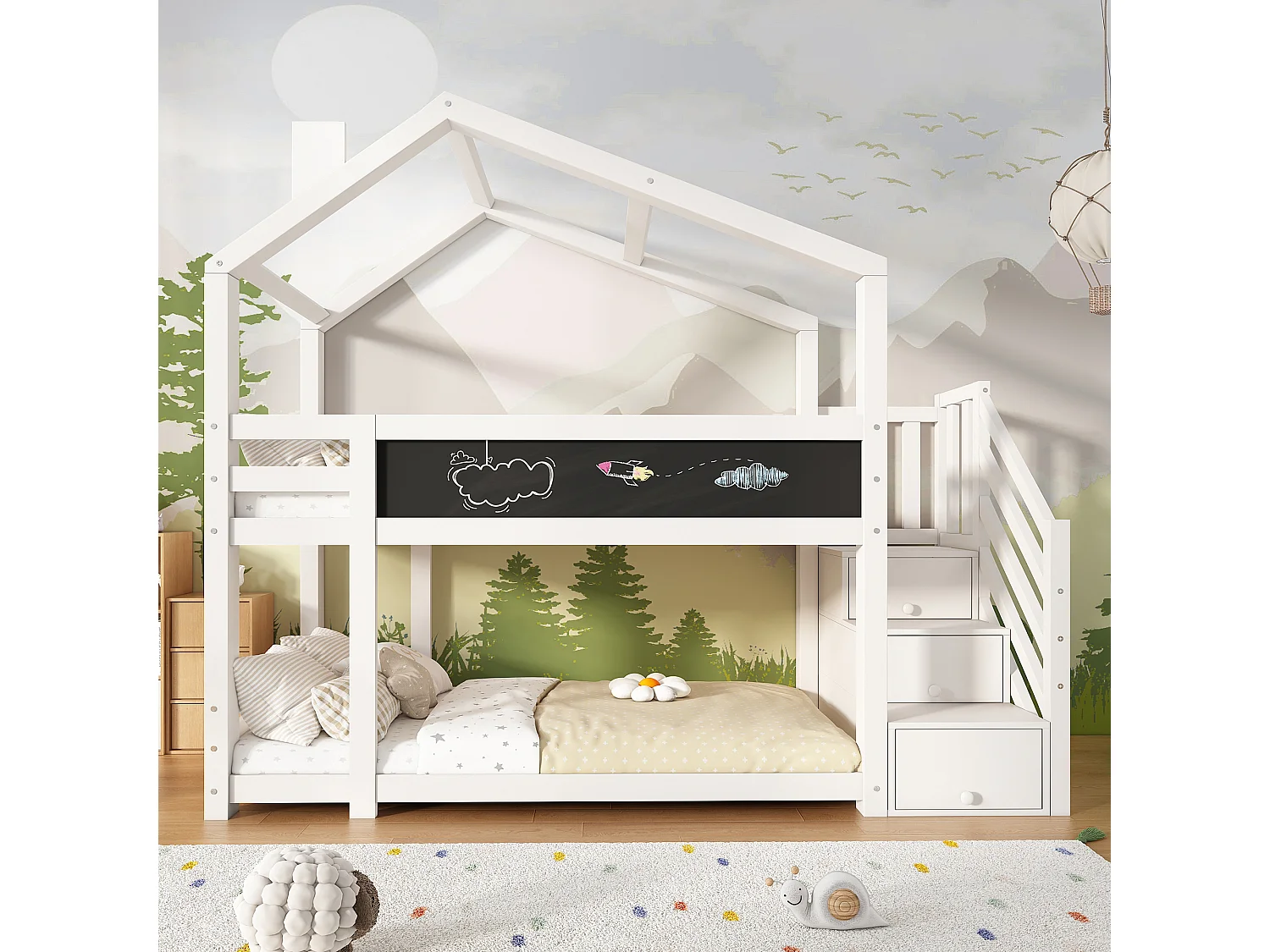 Lit superposé enfant 90x200 cm, lit cabane avec escalier de rangement, tableau craie, barrières, 2 sommiers, pin, blanc