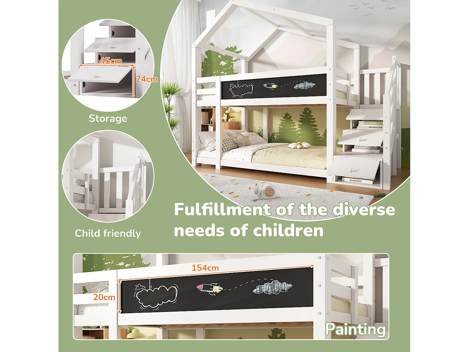 Lit superposé enfant 90x200 cm, lit cabane avec escalier de rangement, tableau craie, barrières, 2 sommiers, pin, blanc