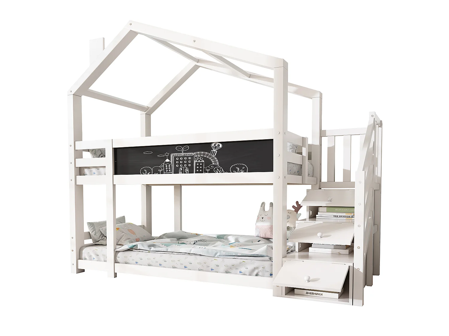Lit superposé enfant 90x200 cm, lit cabane avec escalier de rangement, tableau craie, barrières, 2 sommiers, pin, blanc