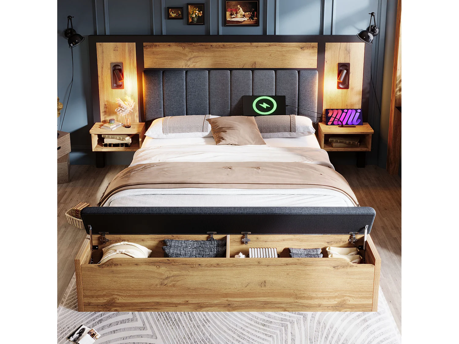 Lit double rembourré 180x200 cm, lampe de lecture, USB-C, chevet, banc coffre, sommier métal, bois et lin, effet chêne