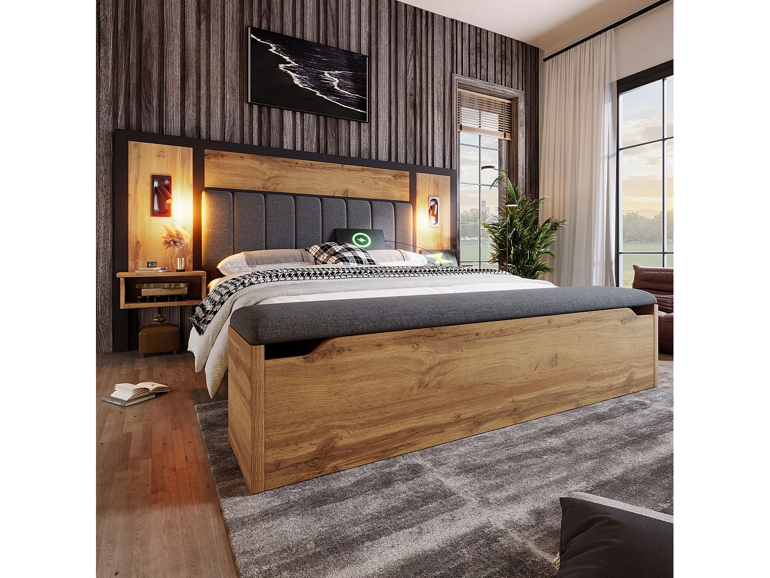 Lit double rembourré 180x200 cm, lampe de lecture, USB-C, chevet, banc coffre, sommier métal, bois et lin, effet chêne