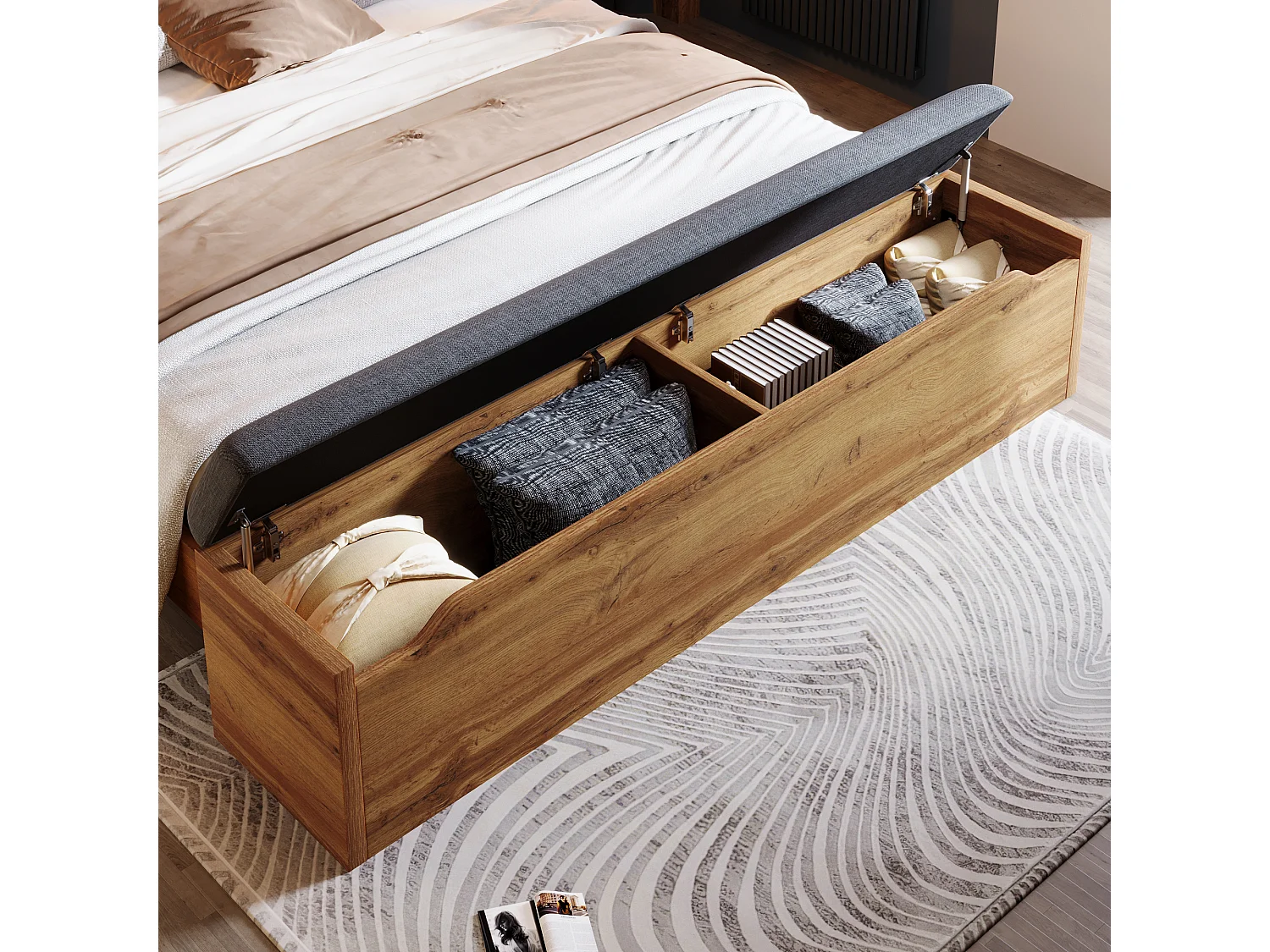 Lit double rembourré 180x200 cm, lampe de lecture, USB-C, chevet, banc coffre, sommier métal, bois et lin, effet chêne