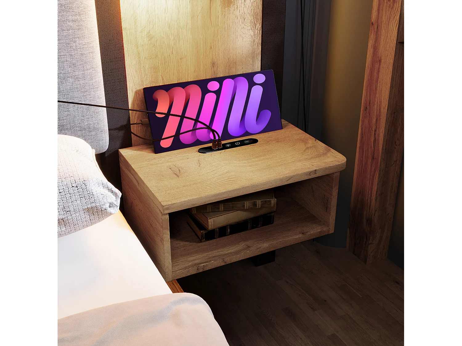 Lit double rembourré 180x200 cm, lampe de lecture, USB-C, chevet, banc coffre, sommier métal, bois et lin, effet chêne