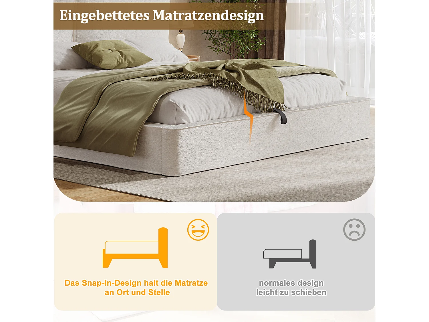 Lit coffre rembourrée 180x200 cm avec tête de lit, rangement intégré, Boucle, beige
