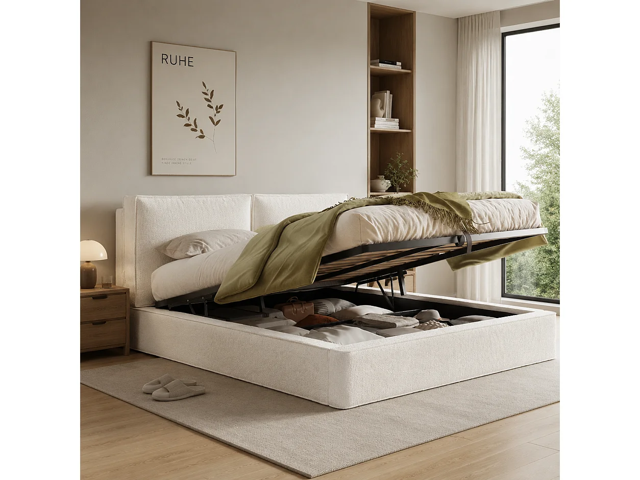 Lit coffre rembourrée 180x200 cm avec tête de lit, rangement intégré, Boucle, beige