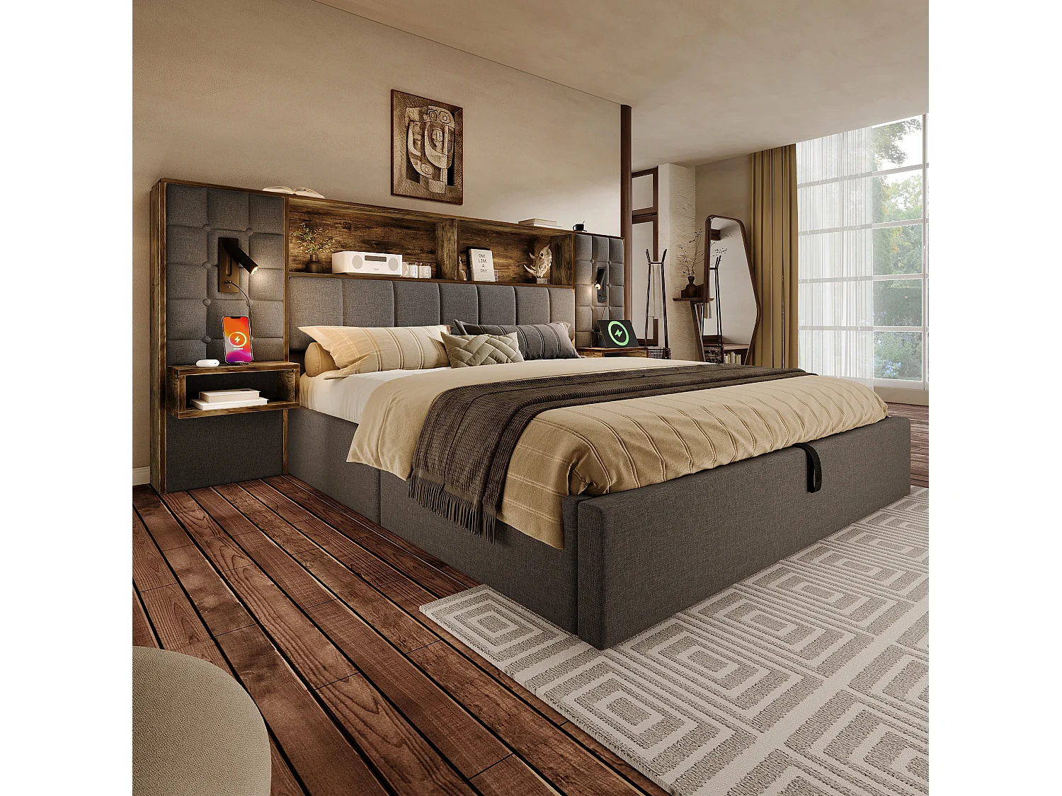 Lit coffre rembourré 160x200 cm avec LED, 2 liseuses, 2 chevets intégrés, USB-C, sommier inclus, lin, gris