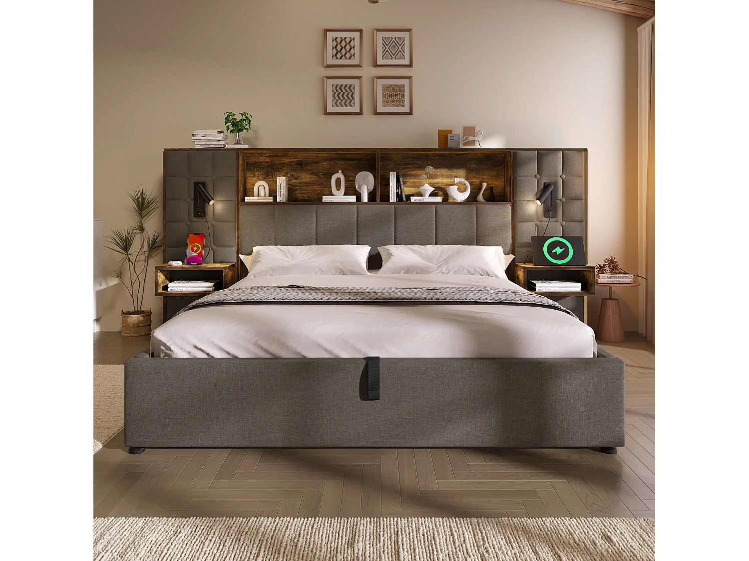 Lit coffre rembourré 160x200 cm avec LED, 2 liseuses, 2 chevets intégrés, USB-C, sommier inclus, lin, gris