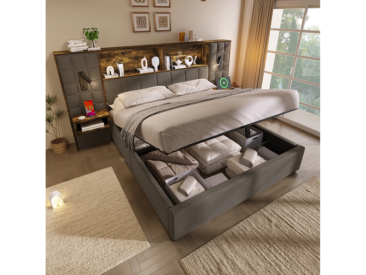 Lit coffre rembourré 160x200 cm avec LED, 2 liseuses, 2 chevets intégrés, USB-C, sommier inclus, lin, gris