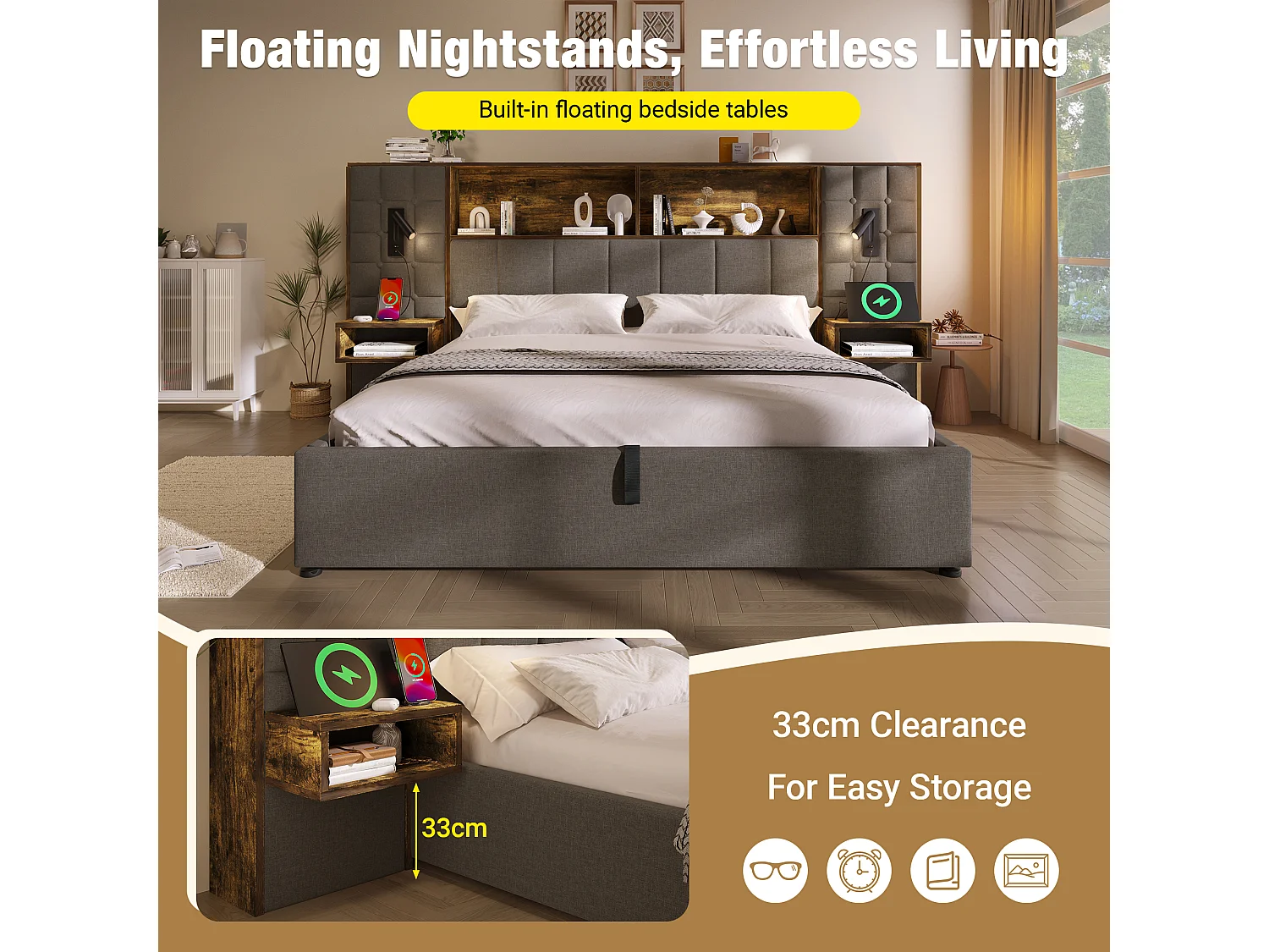 Lit coffre rembourré 160x200 cm avec LED, 2 liseuses, 2 chevets intégrés, USB-C, sommier inclus, lin, gris