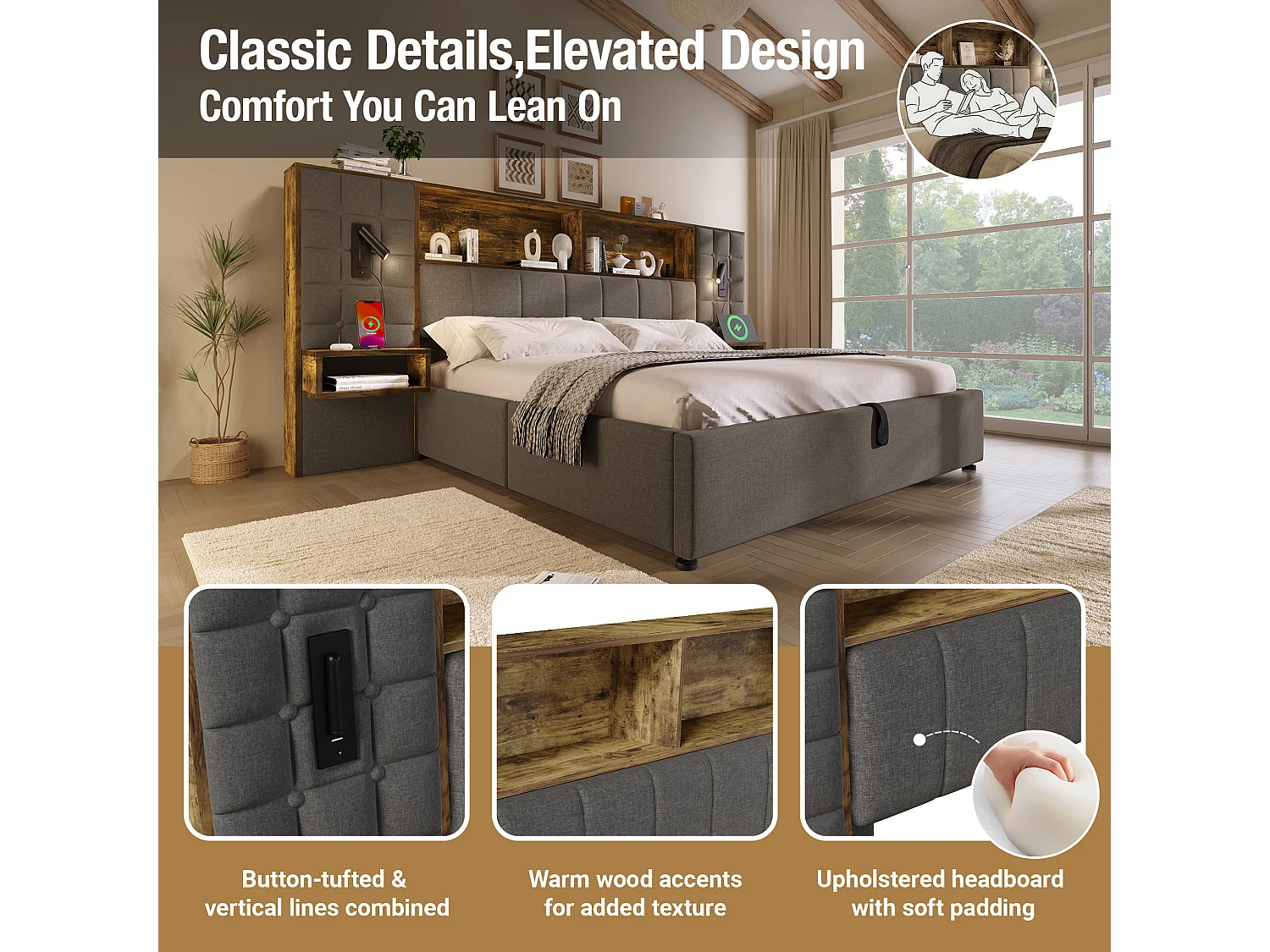 Lit coffre rembourré 160x200 cm avec LED, 2 liseuses, 2 chevets intégrés, USB-C, sommier inclus, lin, gris