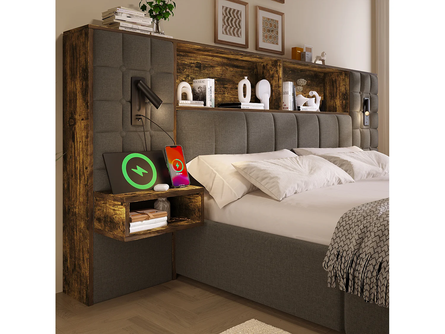 Lit coffre rembourré 160x200 cm avec LED, 2 liseuses, 2 chevets intégrés, USB-C, sommier inclus, lin, gris