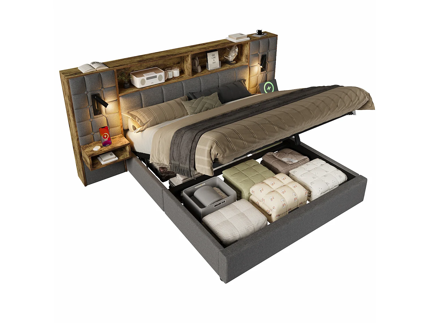 Lit coffre rembourré 160x200 cm avec LED, 2 liseuses, 2 chevets intégrés, USB-C, sommier inclus, lin, gris