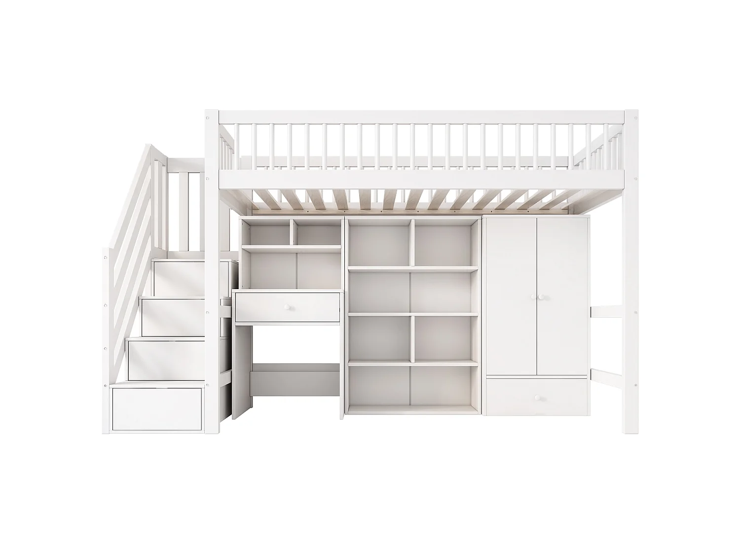 Lit mezzanine enfant 90x200 cm avec bureau, escalier, casiers et armoire, bois massif et MDF, blanc