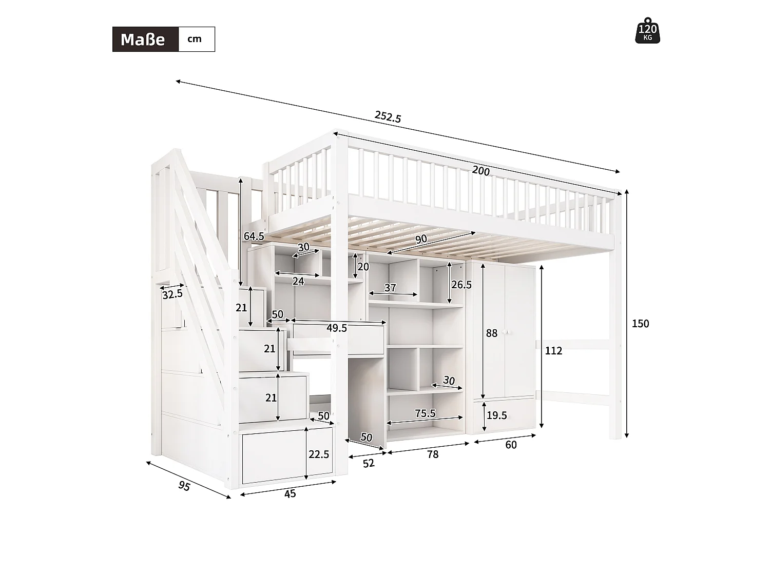 Lit mezzanine enfant 90x200 cm avec bureau, escalier, casiers et armoire, bois massif et MDF, blanc