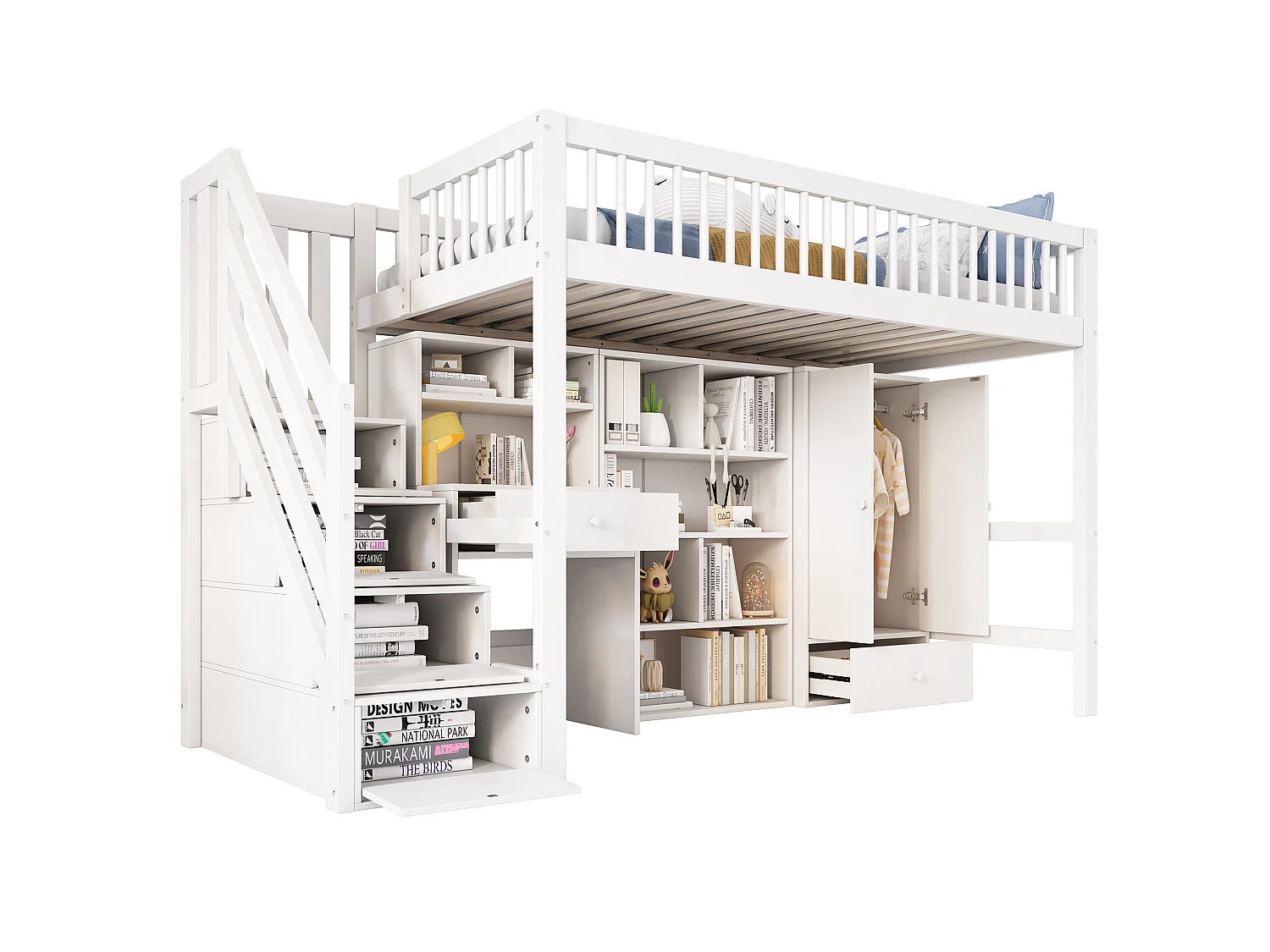 Lit mezzanine enfant 90x200 cm avec bureau, escalier, casiers et armoire, bois massif et MDF, blanc